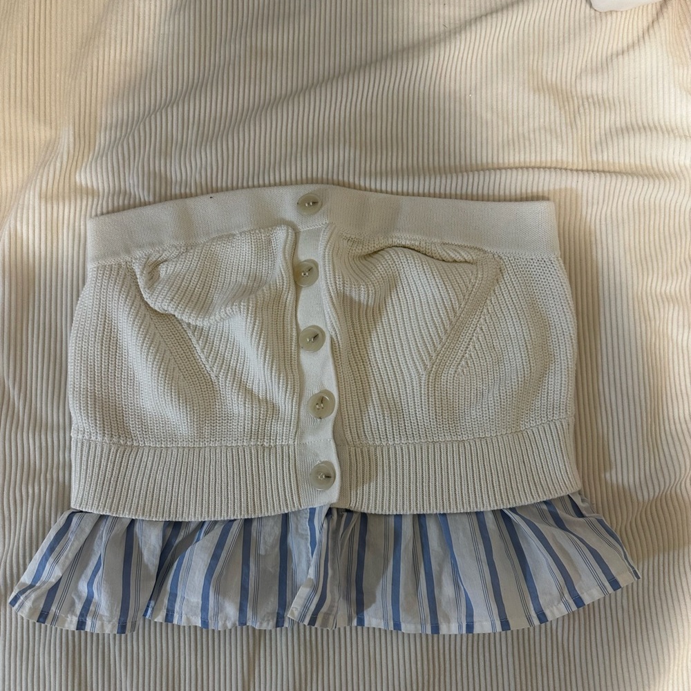 Anthropologie Cream Knit Button-Front Mini Skirt with Blue Striped Ruffle